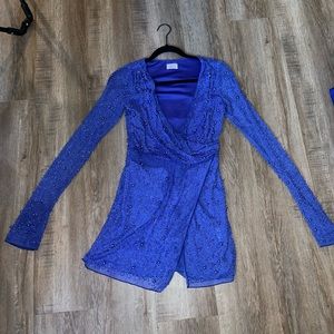 Chelsea Embellished Wrap Over A-Line Mini Dress in Dark Blue